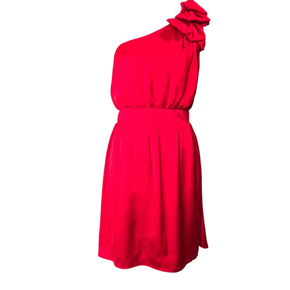 Francesca's Red One Shoulder Pleated Ruffled Bow Mini Dress Sz M